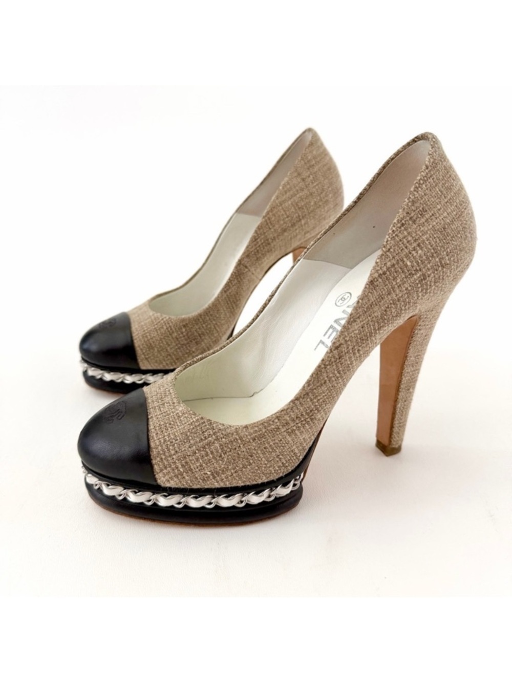 CHANEL | Beige Tweed &‎ Black Cap Toe Platform Pumps with Chain Detail EU 37